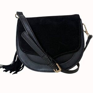 Moda Luxe Black Crossbody Bag Faux Suede Vegan Leather Tassel Accent Adjustable